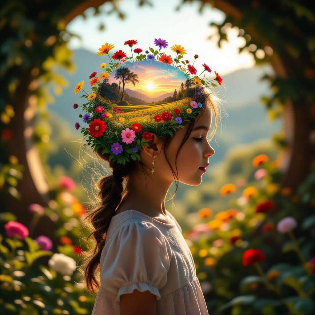Cinematic Double Exposure: Girl With Floral Landscape Head