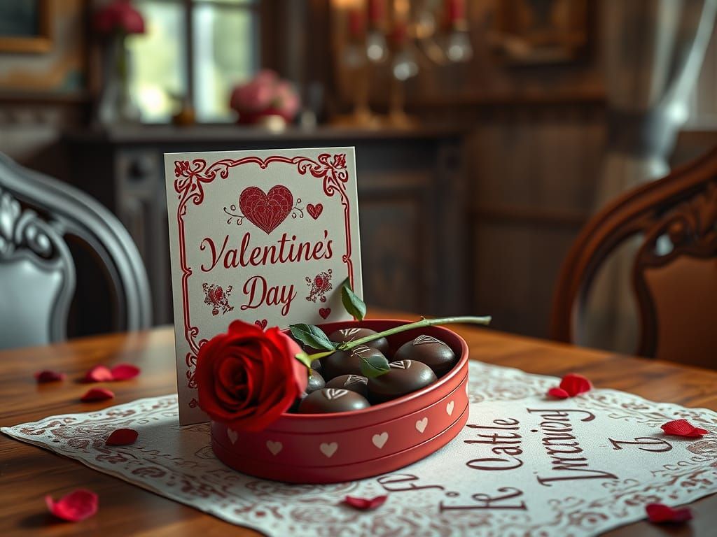 Retro Valentine's Day Scene in Whimsical Fantasy Style
