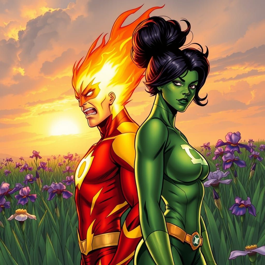 DC Comics Firestorm Battles Green Lantern in a Vibrant Sunse...