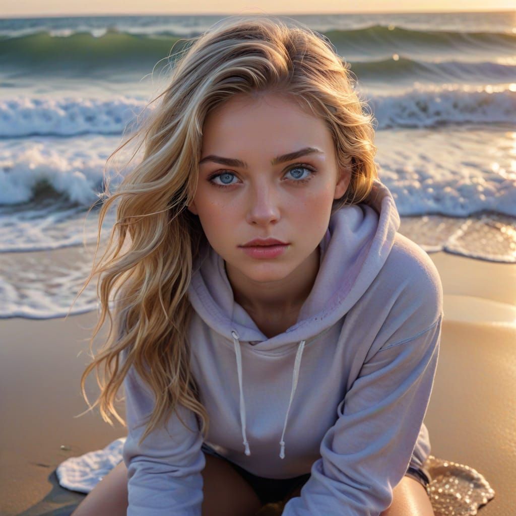 Beautiful Woman Kneeling on Beach with Waves