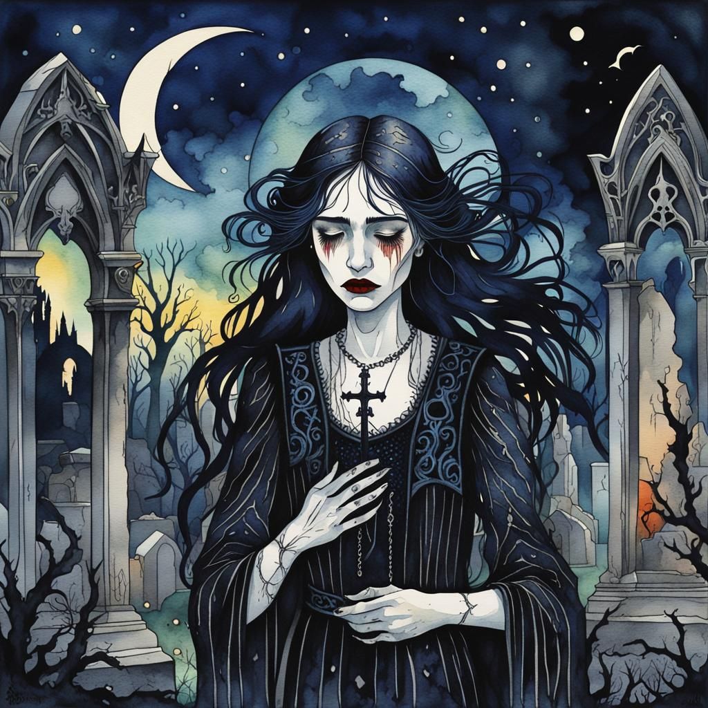 Gothic Woman Crying in Graveyard, Art Nouveau Watercolor