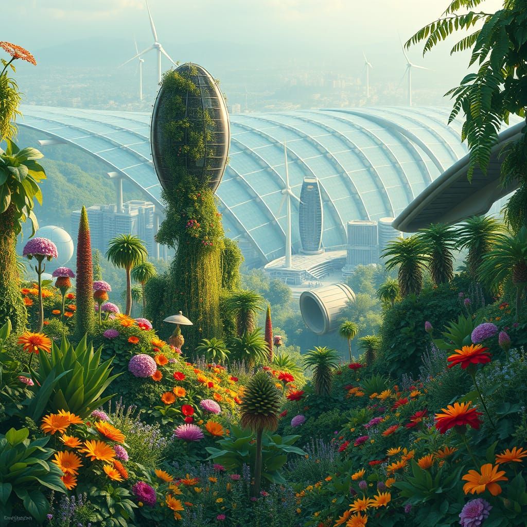 Solarpunk Cityscape with Vibrant Garden