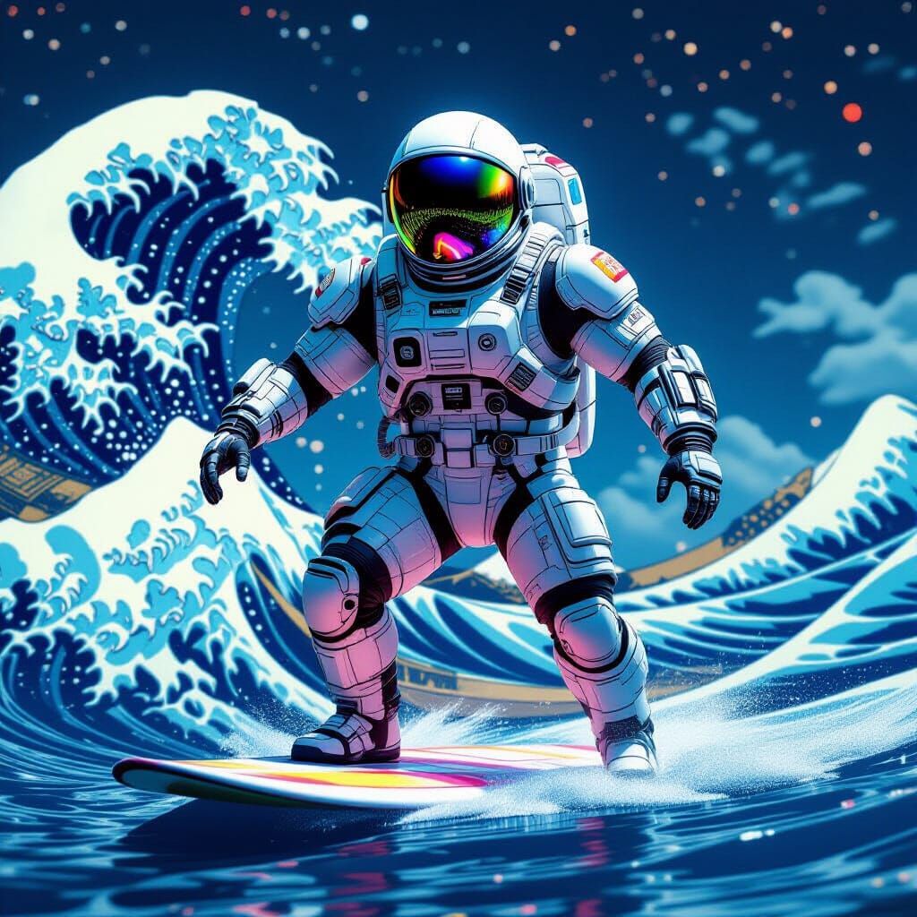 Astronaut Surfing Great Wave in Ukiyo-e Style