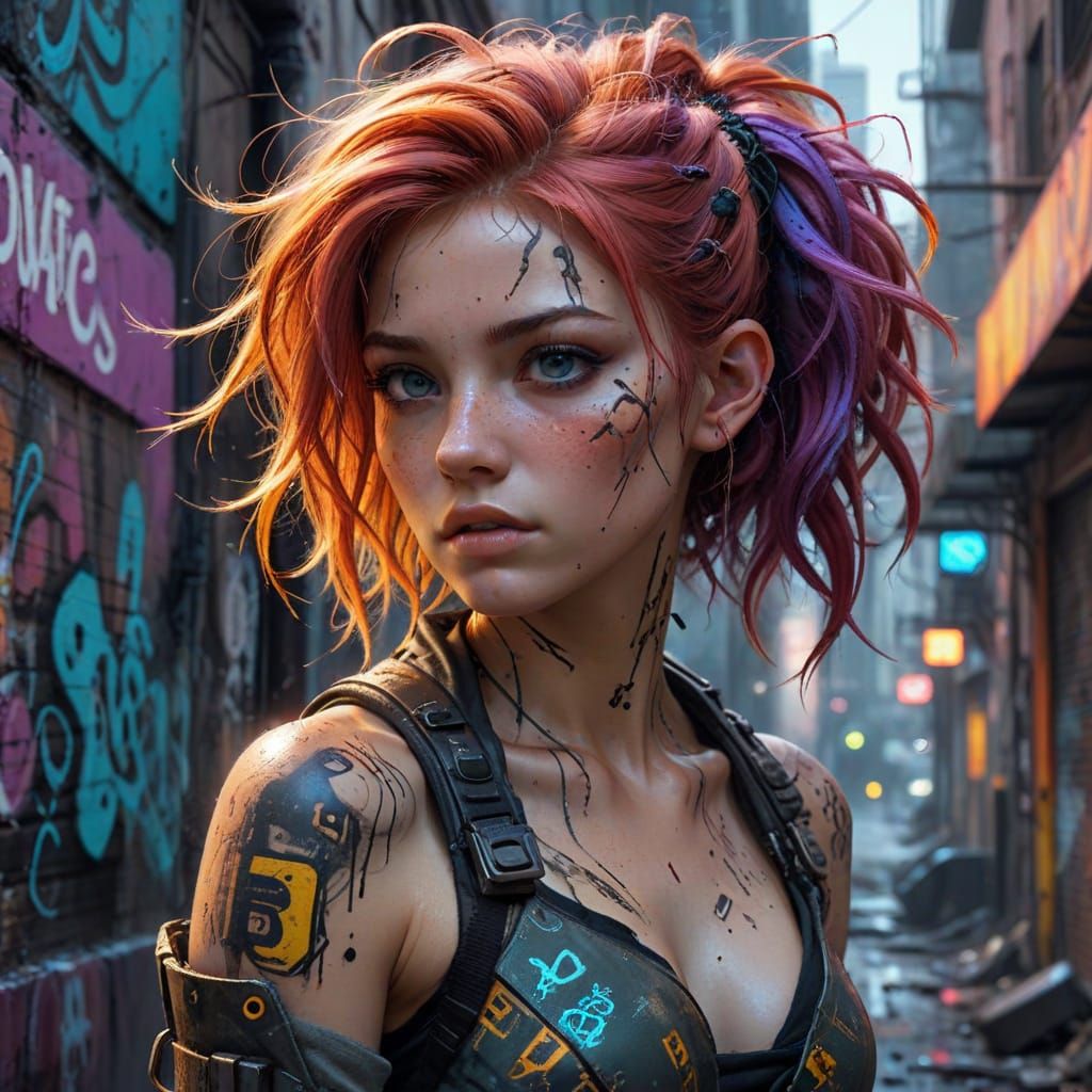 Enchanting Nymph in Urban Decay, Cyberpunk Fantasy Digital A...