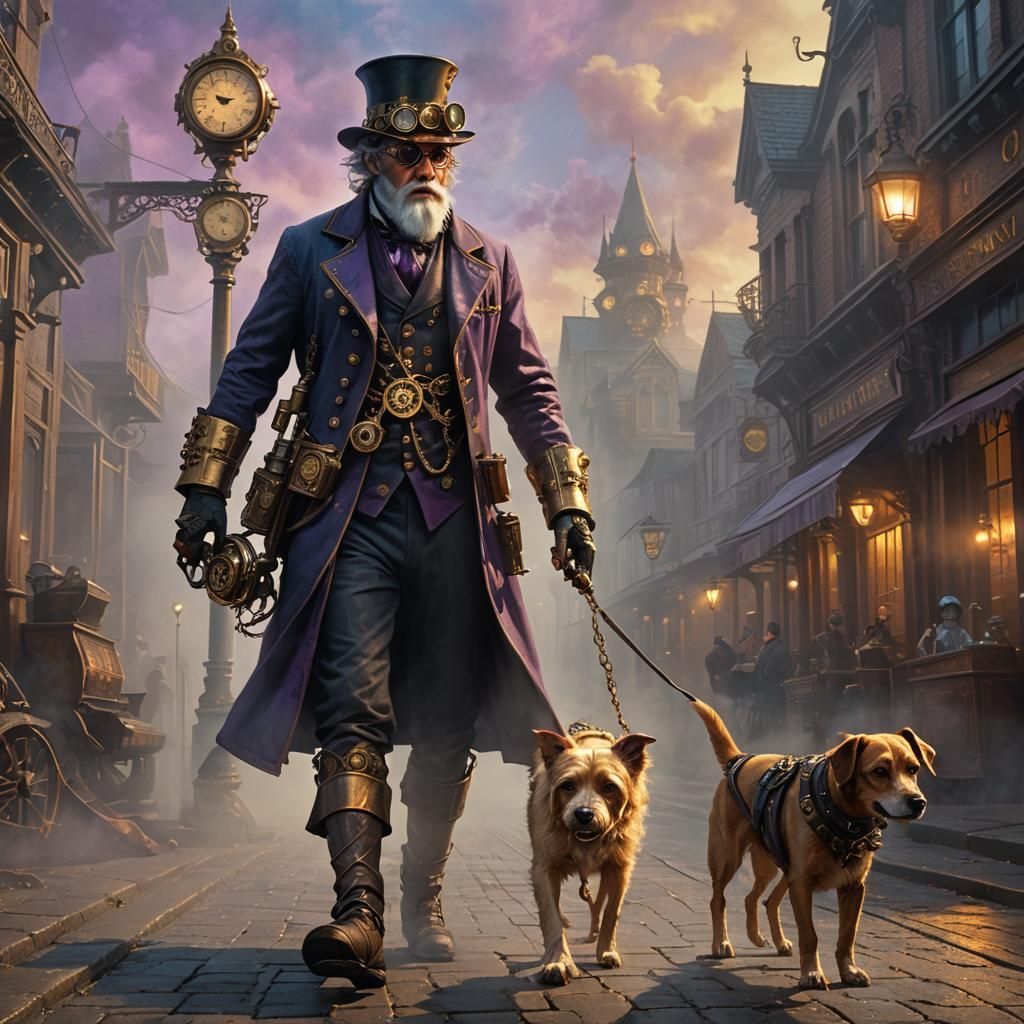 Steampunk Wizard Walks Dog in Foggy Street