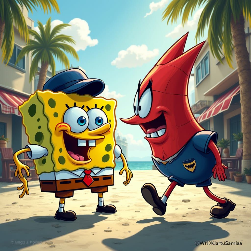 Spider-Man Battles Bob Esponja in Vibrant Cityscape