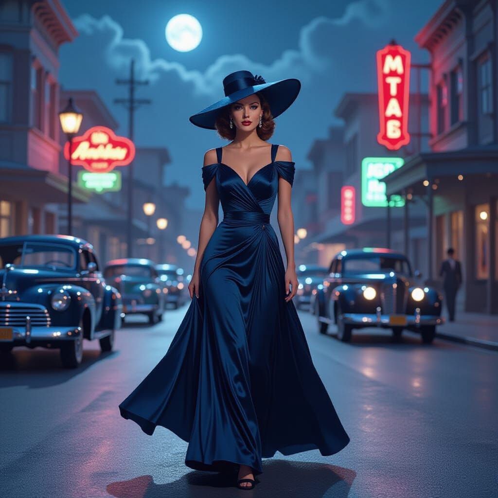 Glamorous 1940s Actress in Sapphire Gown, Moonlit Street