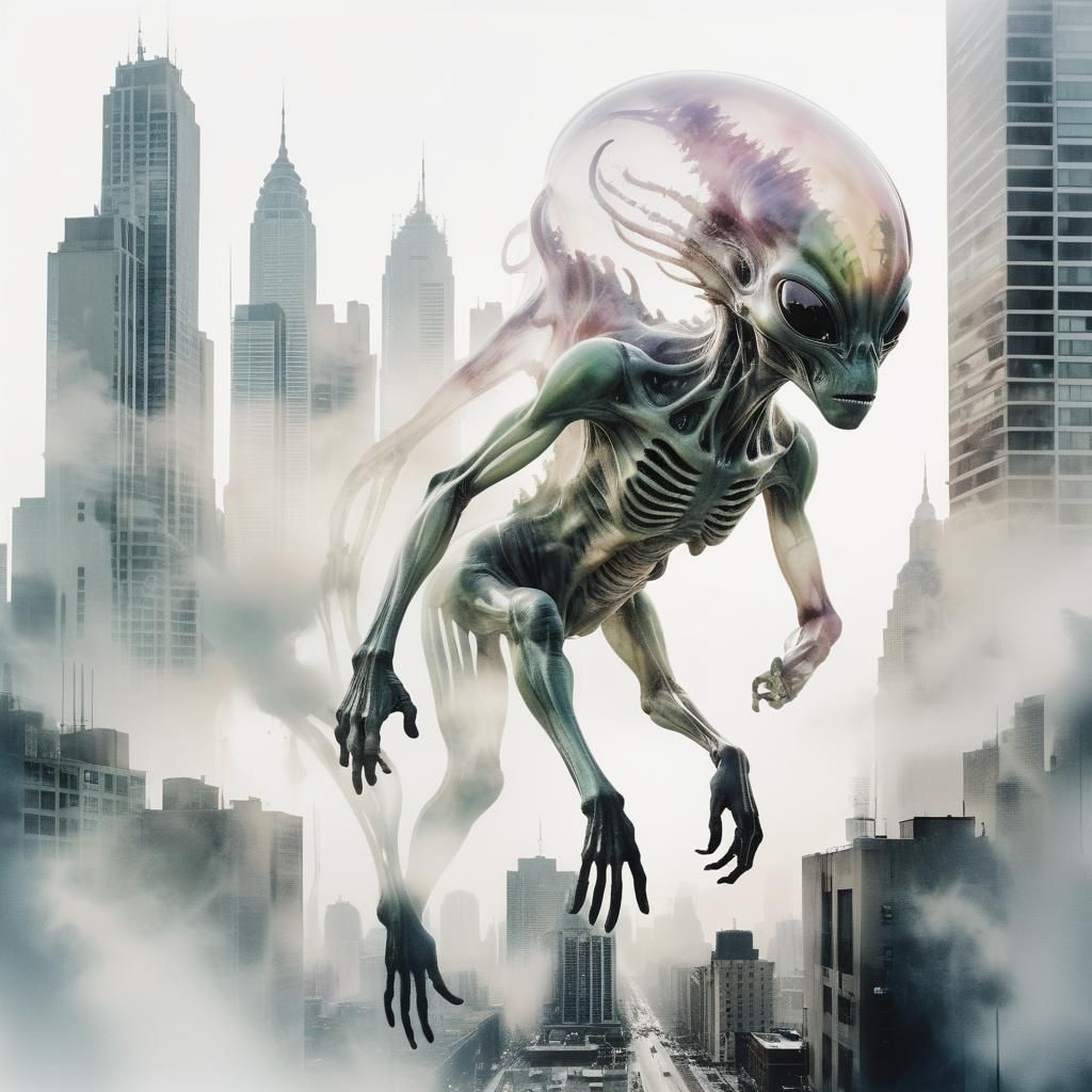 Alien Creature in Dystopian Cityscape: Double Exposure Photo...