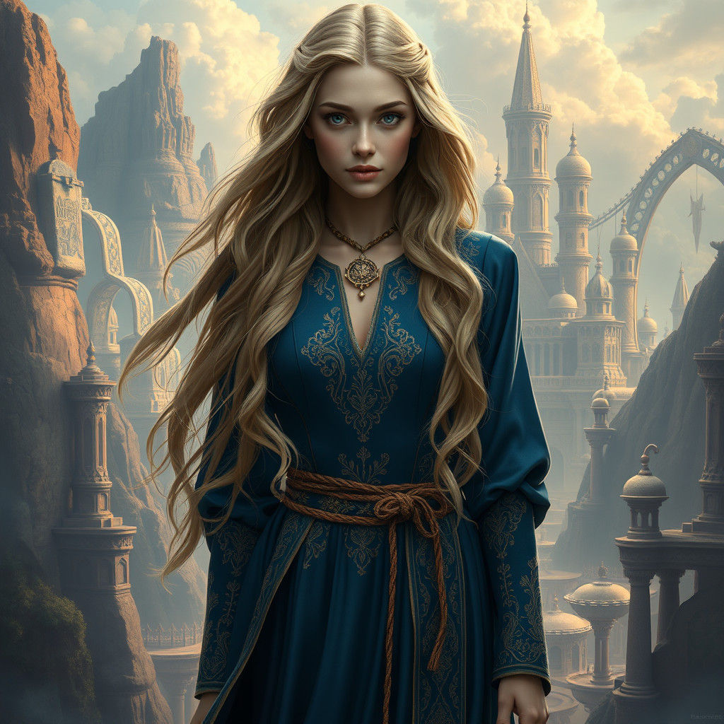 Woman Between Kingdoms in Mystical Landscape