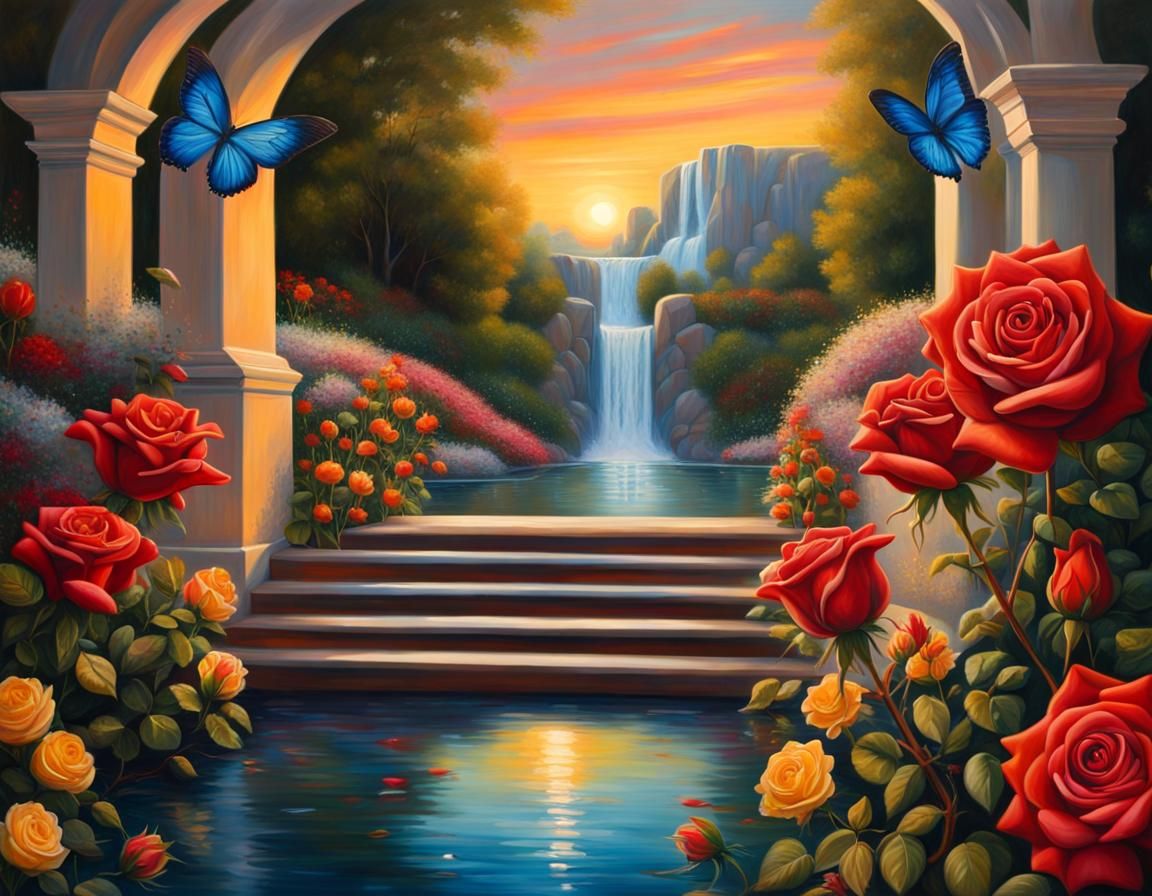 Garden Path with Roses: Oil Painting at Sunset