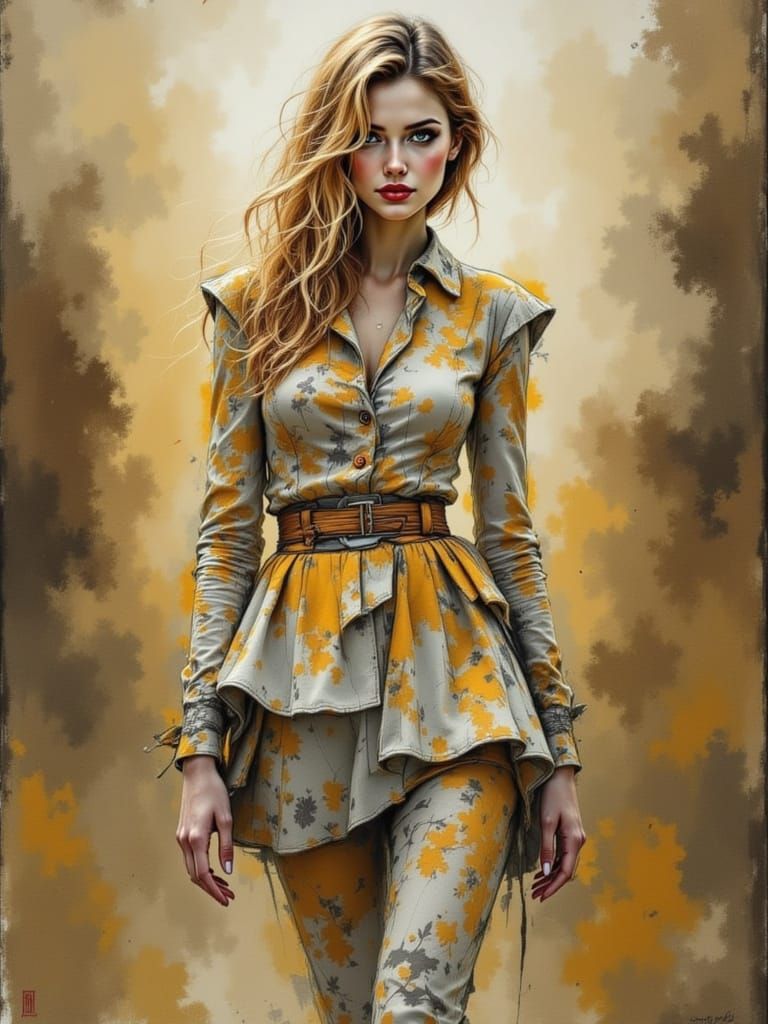 Fashionable Woman in Watercolor and Charcoal Dreamscape