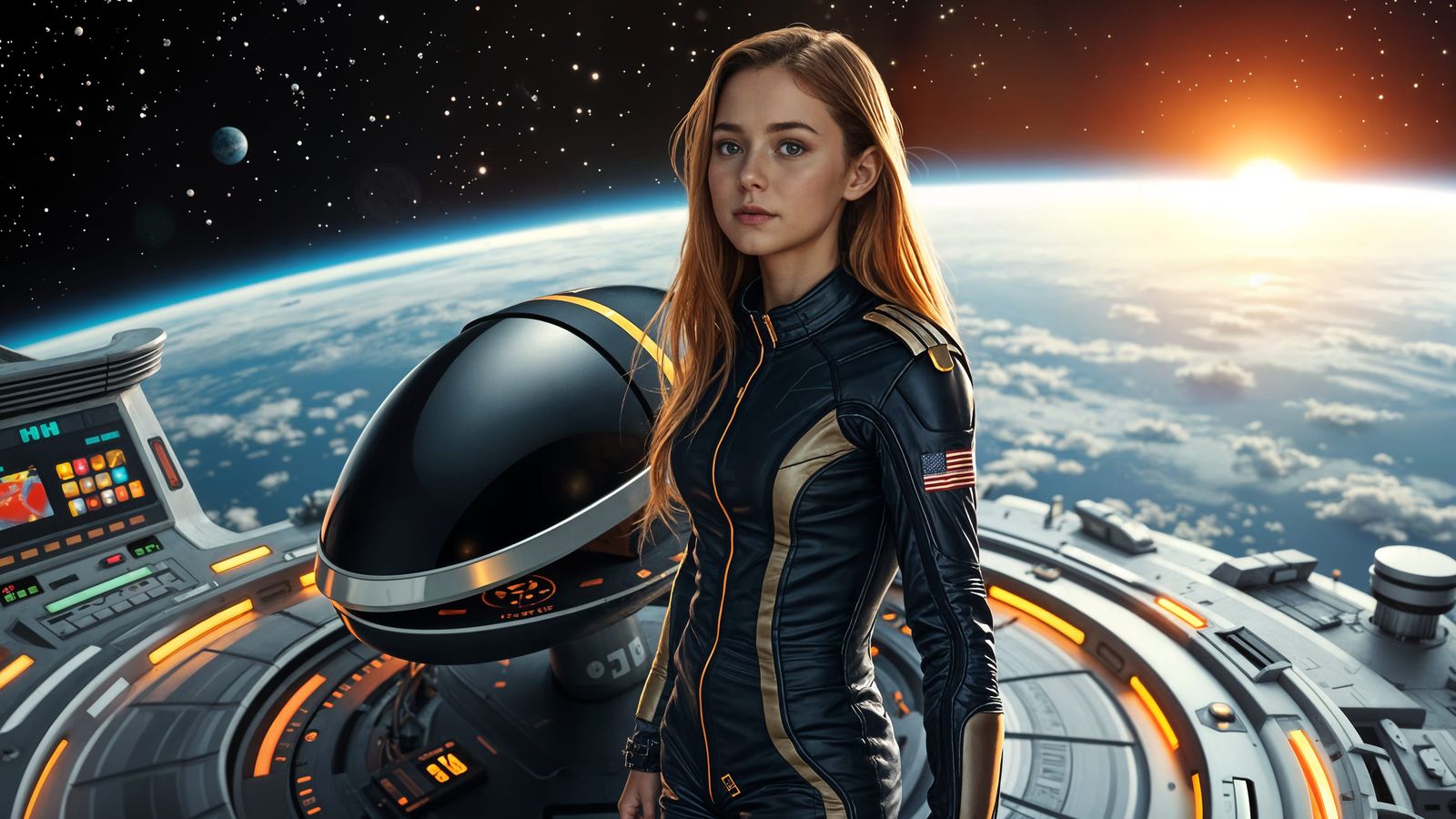 Girl on Space Station with Spacecraft