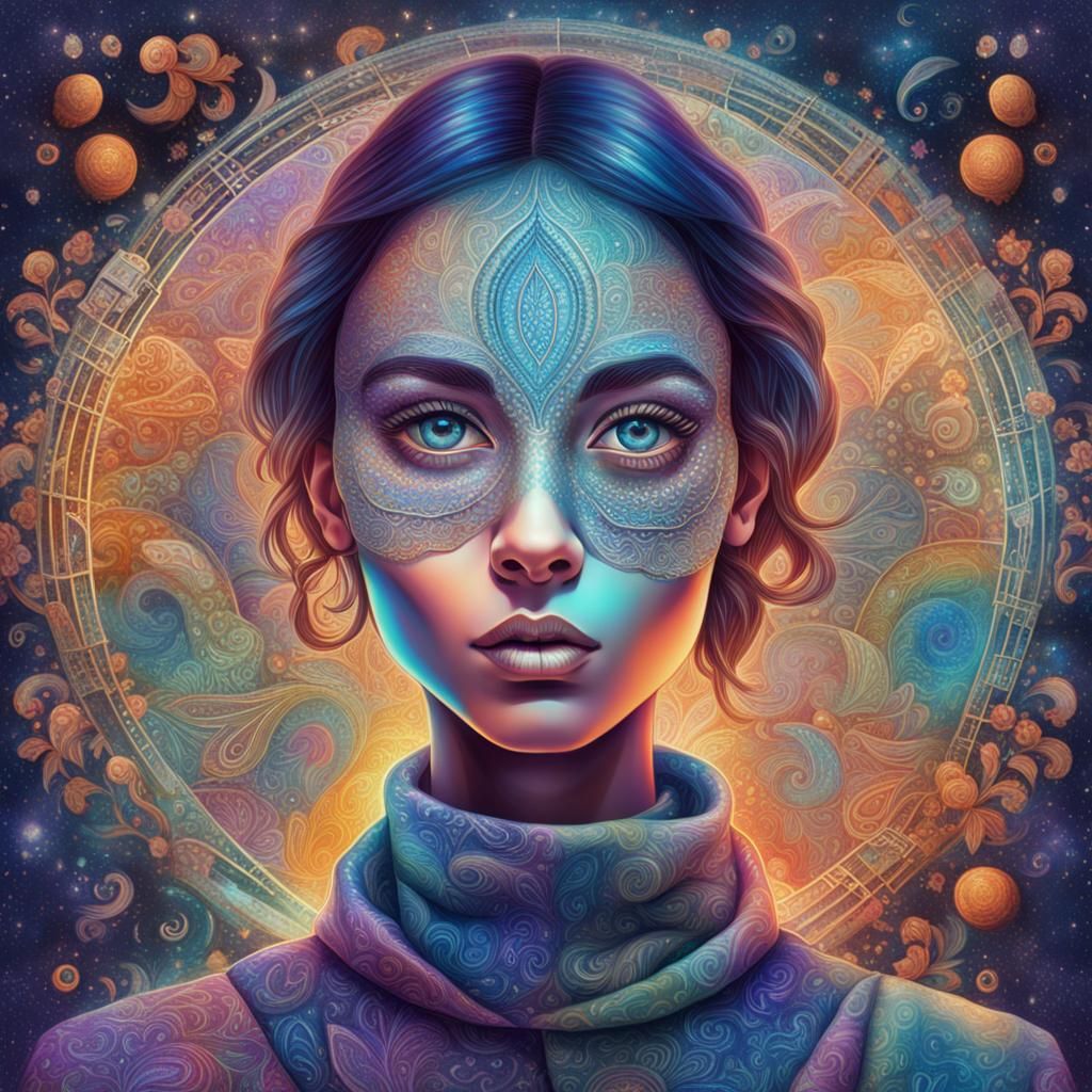 Woman in Paisley Plaid: Holographic Astral Illustration