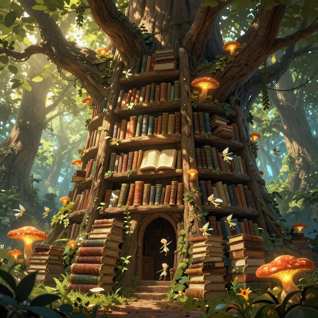 Enchanted Tree Library with Sprites in Fairy Tale Style