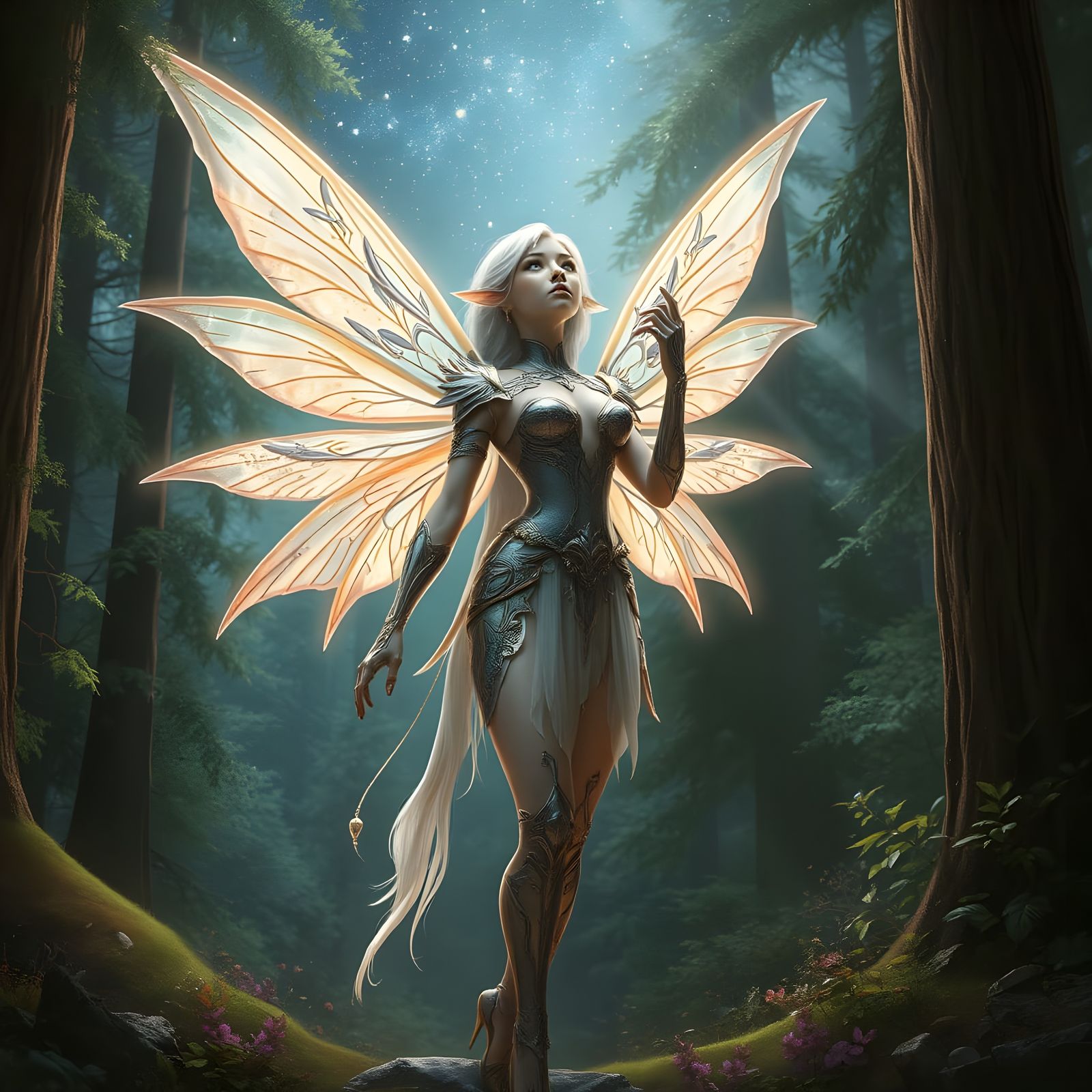 Majestic Fairy in Starlit Forest, Opalescent Wings and Rose ...