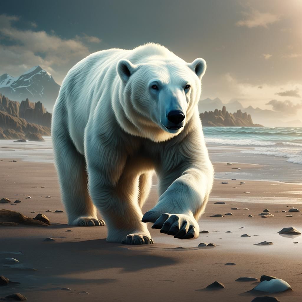Polar Bear's Beach Discovery: Detailed Matte Painting