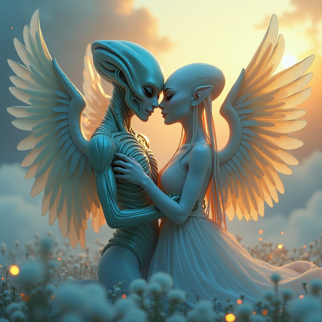 Ethereal Embrace: Angel and Alien in Sci-Fi Landscape