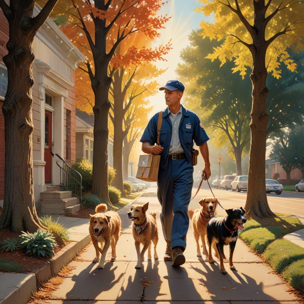 USPS Mailman Surrounded by Friendly Dogs in American Realism