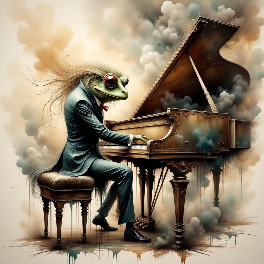Frog Pianist in Ink with Ethereal Smoke