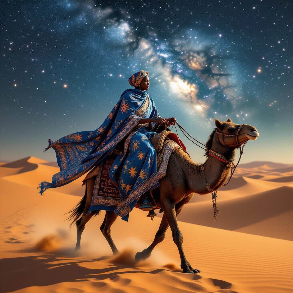 African Traveler Rides Creature Through Sand and Stars