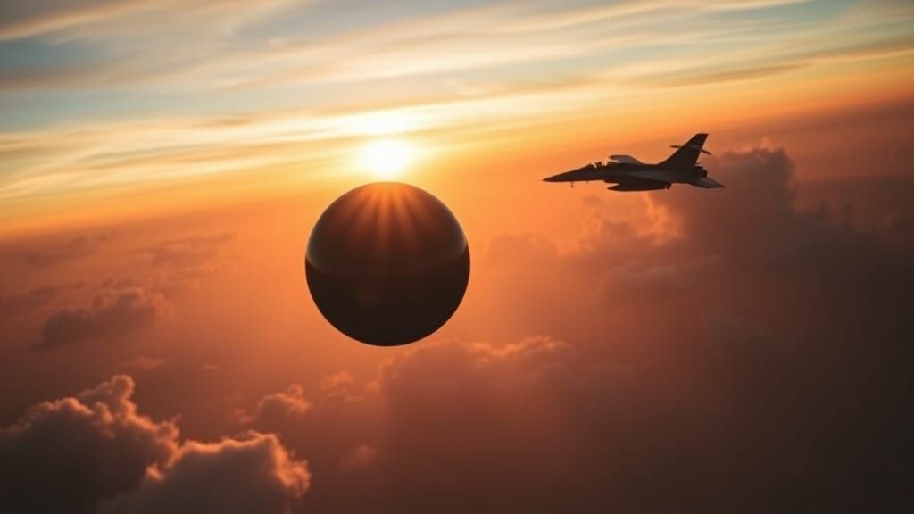 Mysterious Obsidian Orb Amidst a Flying Fighter Jet