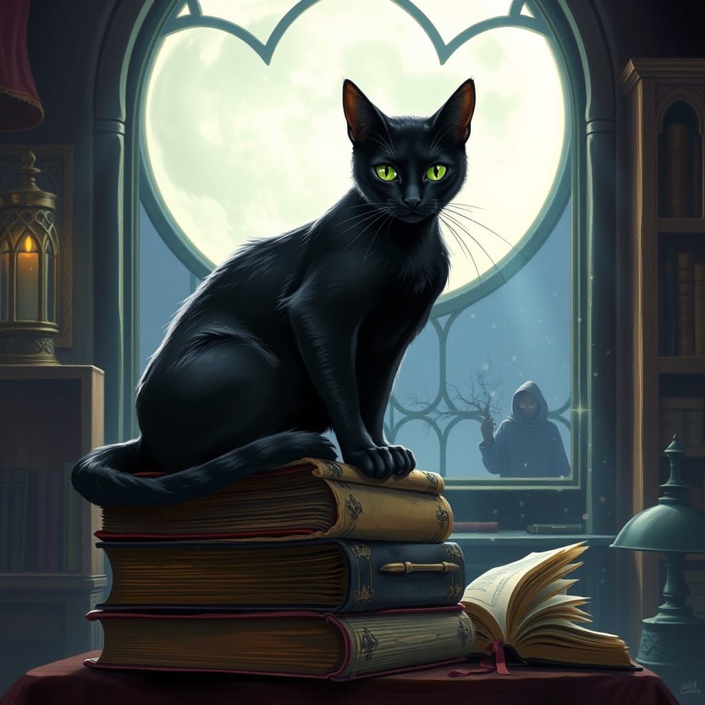 Black Cat Familiar on Grimoires in Moonlit Study