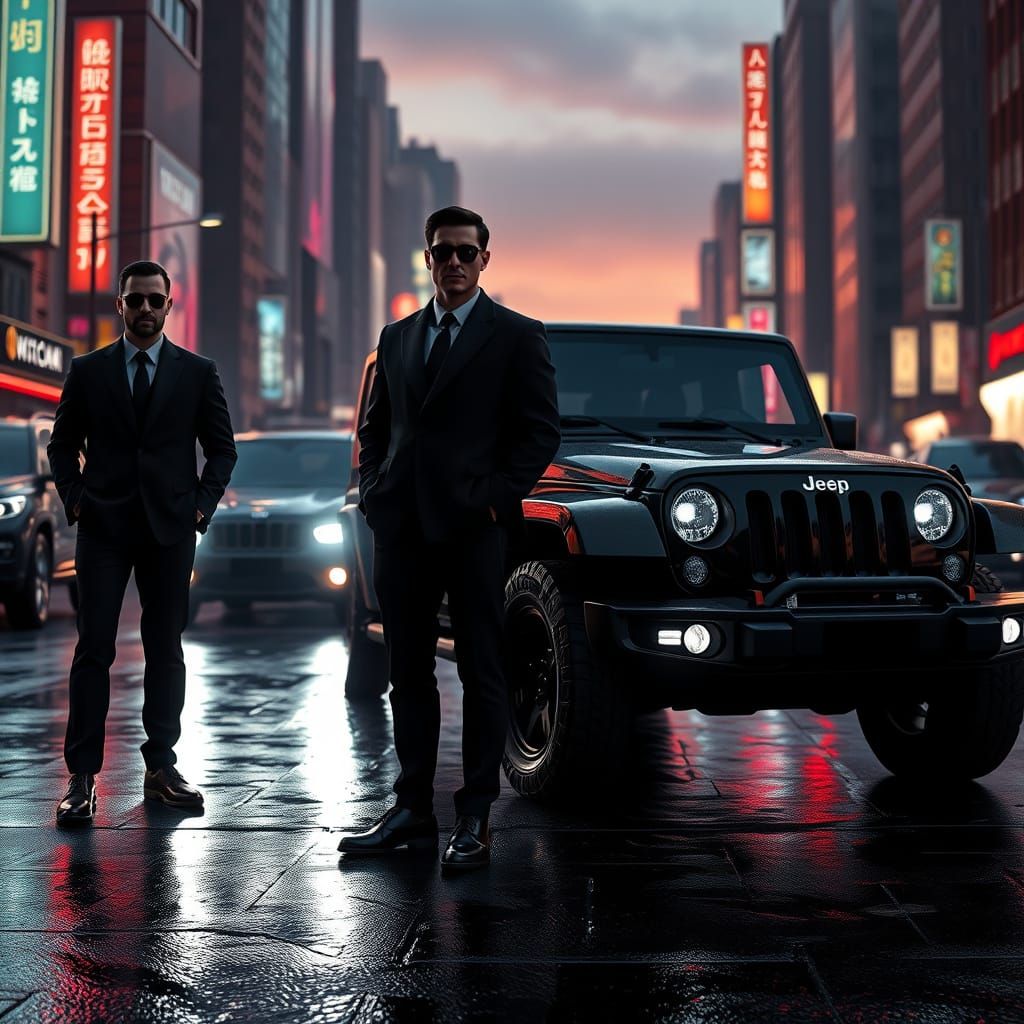 Men in Black Stand Guarding Futuristic Cityscape in Sleek Bl...