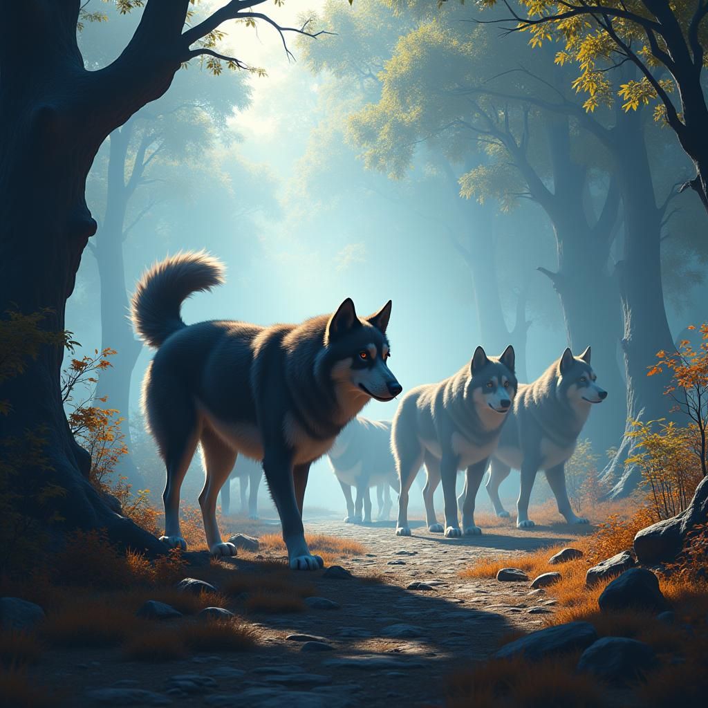 Majestic Dogs Roaming in Mystical Realm Concept Art