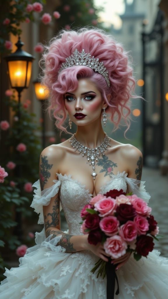 Punk Bride in Pastel Pink Hair and Floral Embroidery Gown