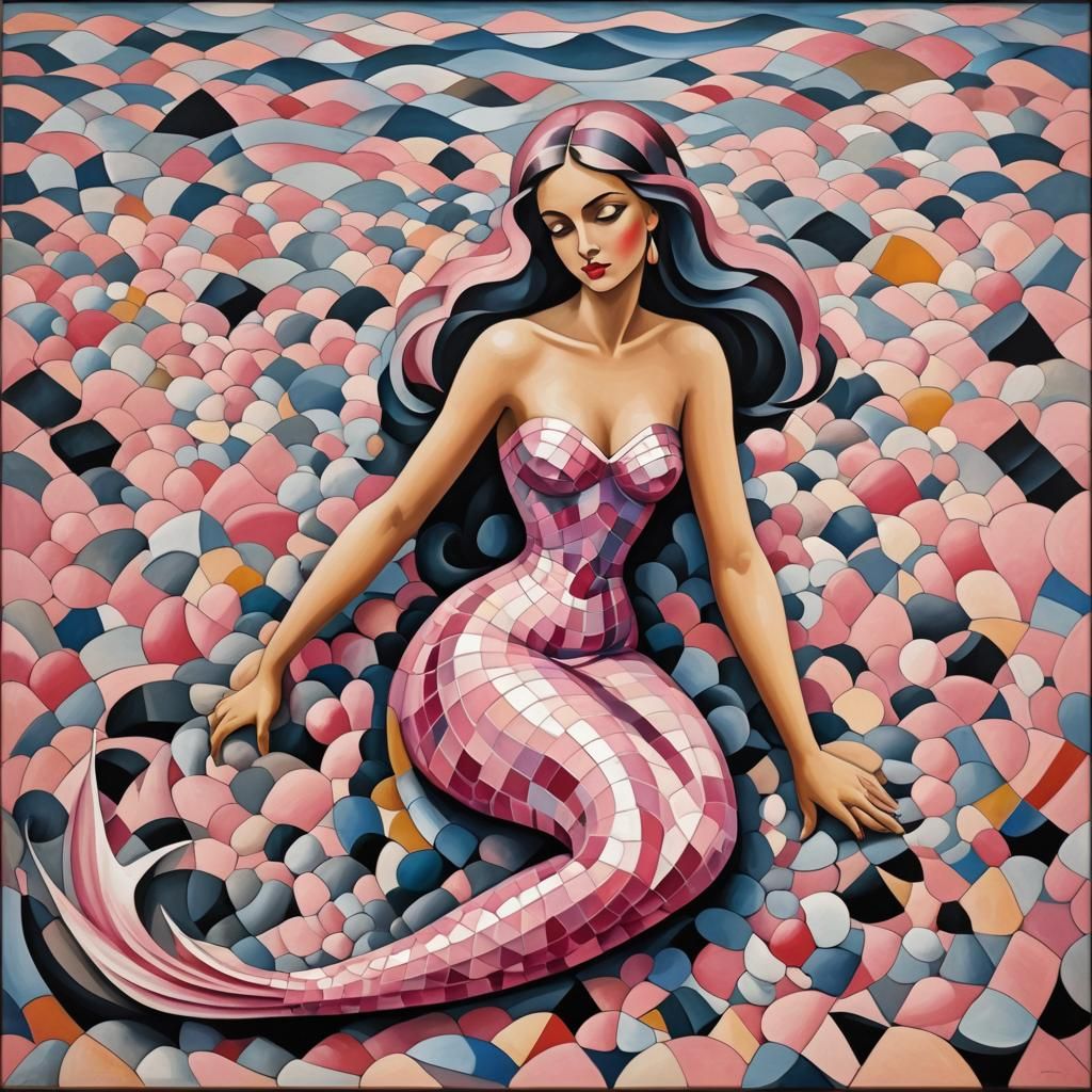 Mermaid on Beach in Abstract Cubism Style