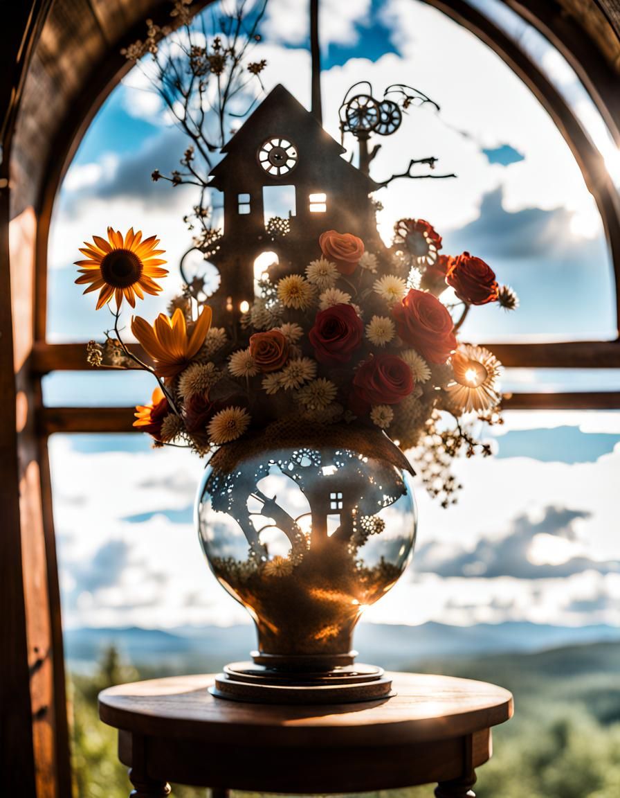 Steampunk Floral Arrangement in Double Exposure Style