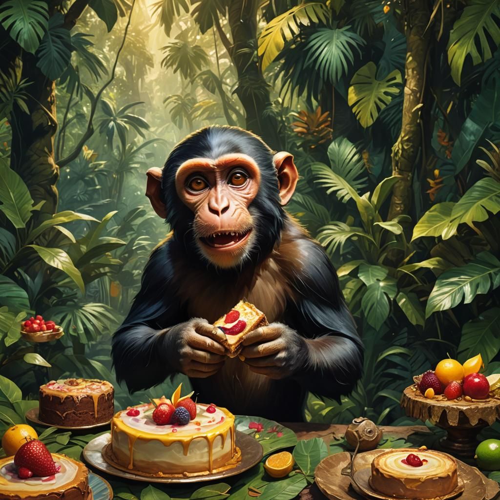 Monkey with Cake in Jungle: Hyperrealistic Digital Art