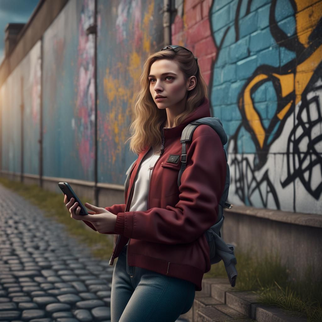 Teenager with iPhone at Berlin Wall: Detailed Matte Painting