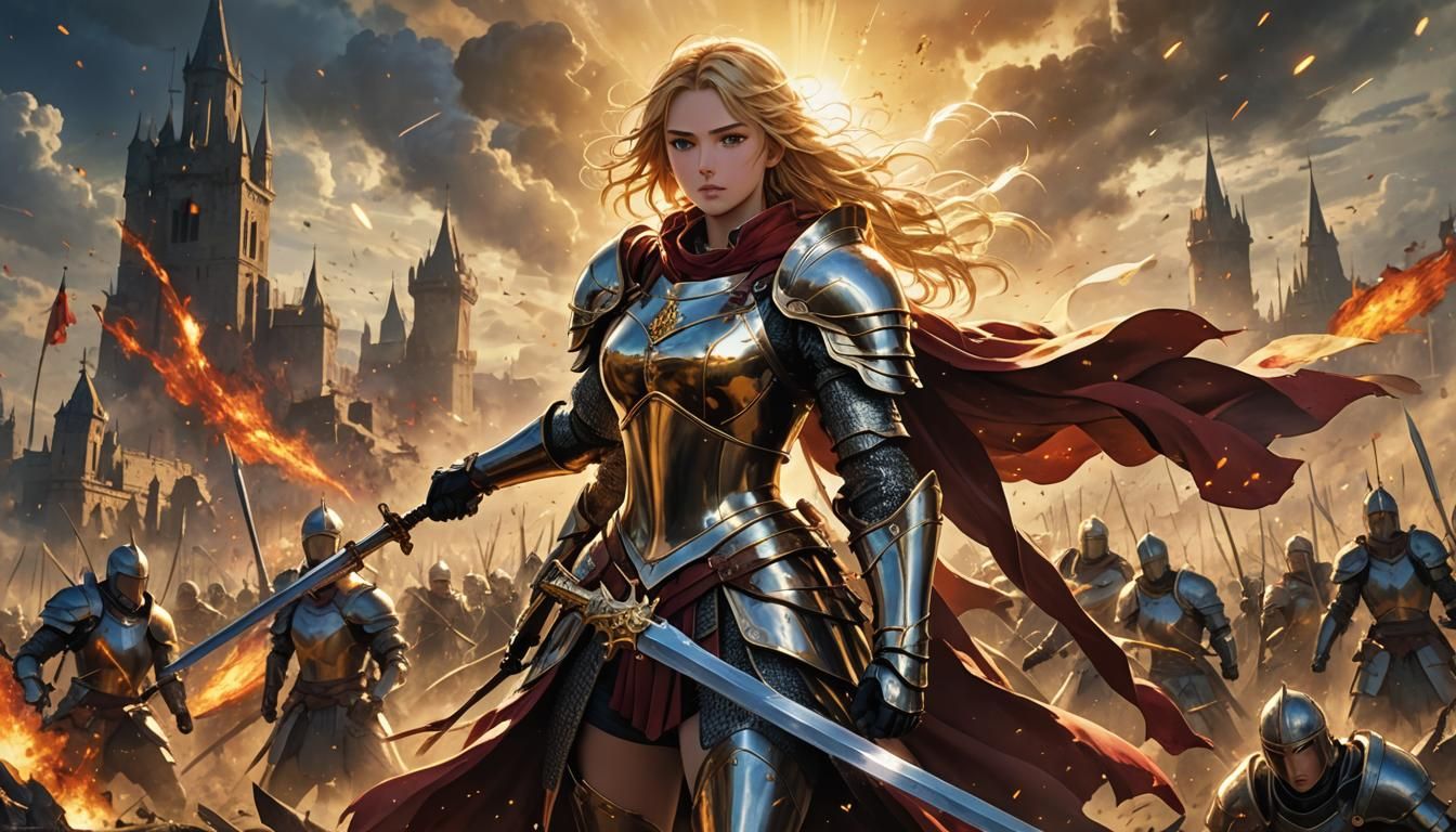 Victorious Lady Knight on Battlefield in Manga Style