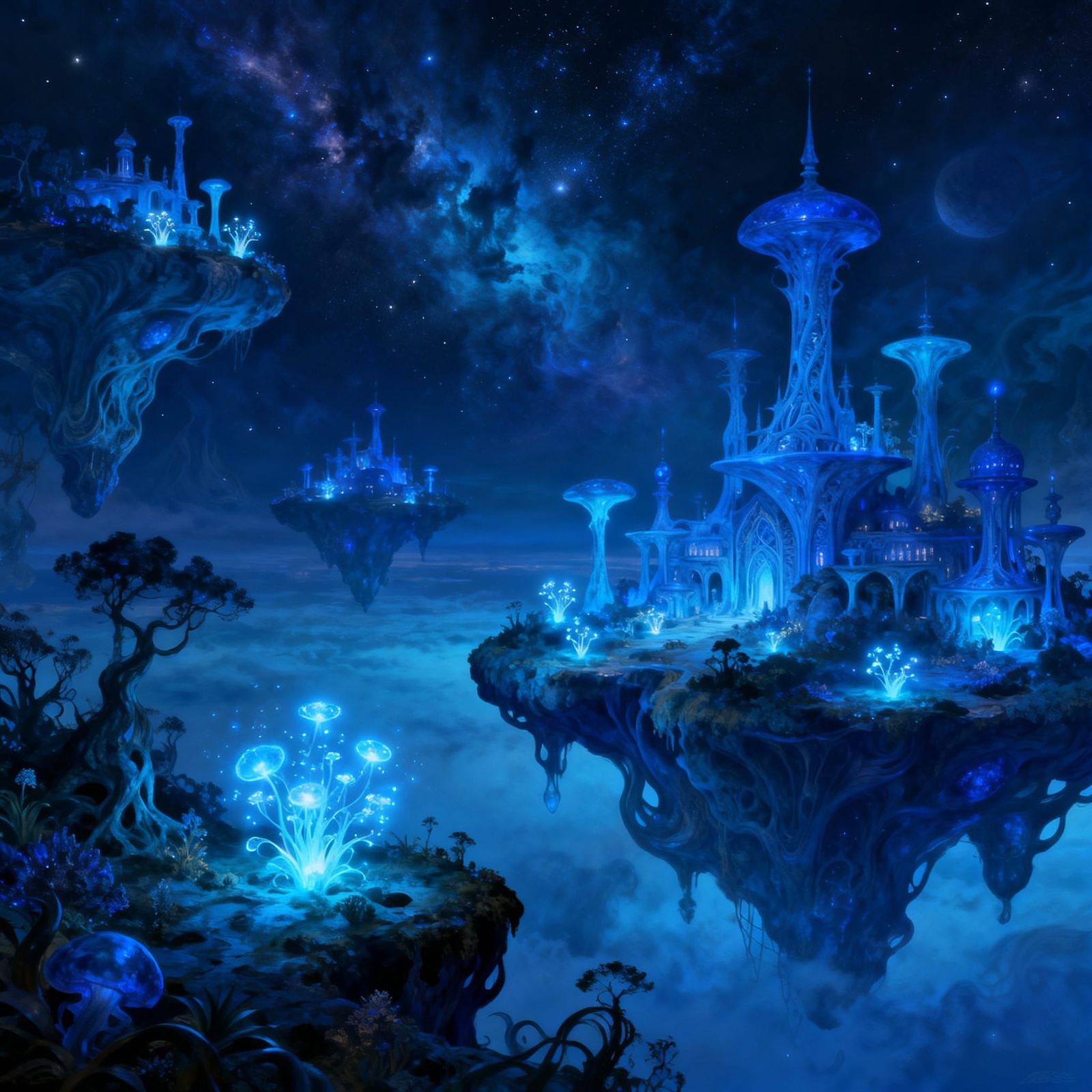 Surreal Azure Fantasy Landscape with Floating Islands