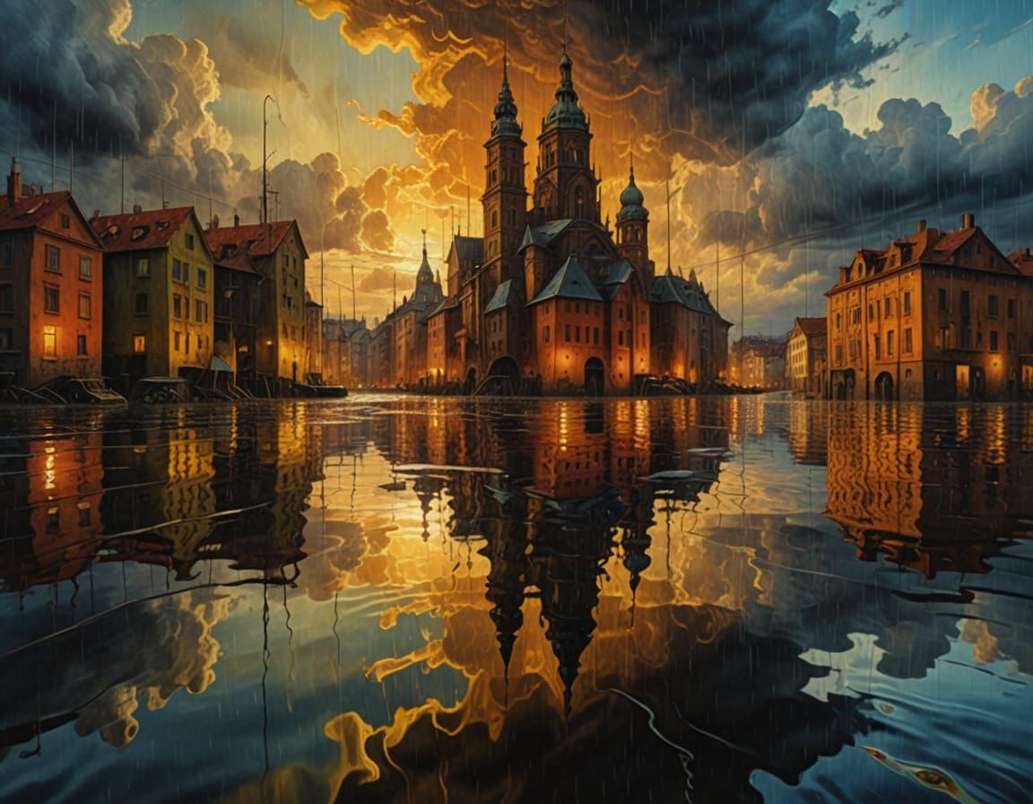 Flooded City in Surreal Abstract Expressionism