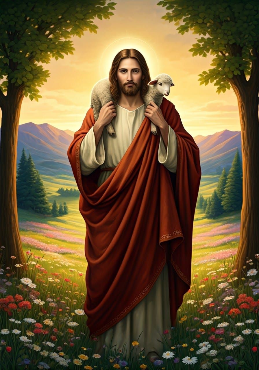 Jesus as the Good Shepherd in Dreamy Pre-Raphaelite Style