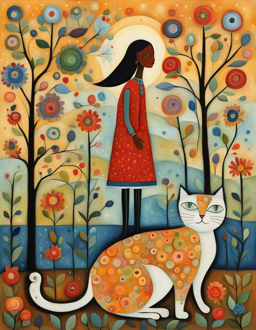 Whimsical Folk Art: Woman and Cat