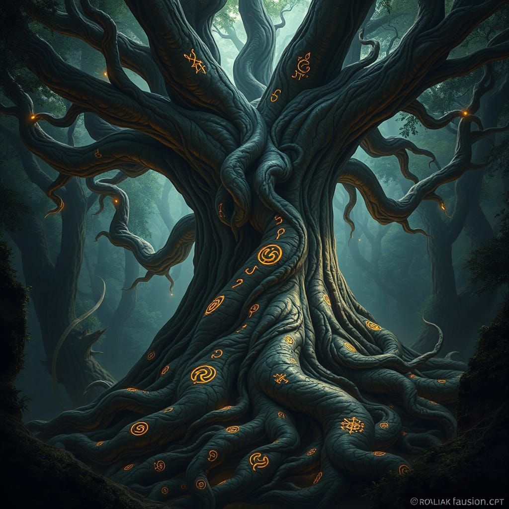 Ancient Tree With Glowing Runes in Otherworldly Forest