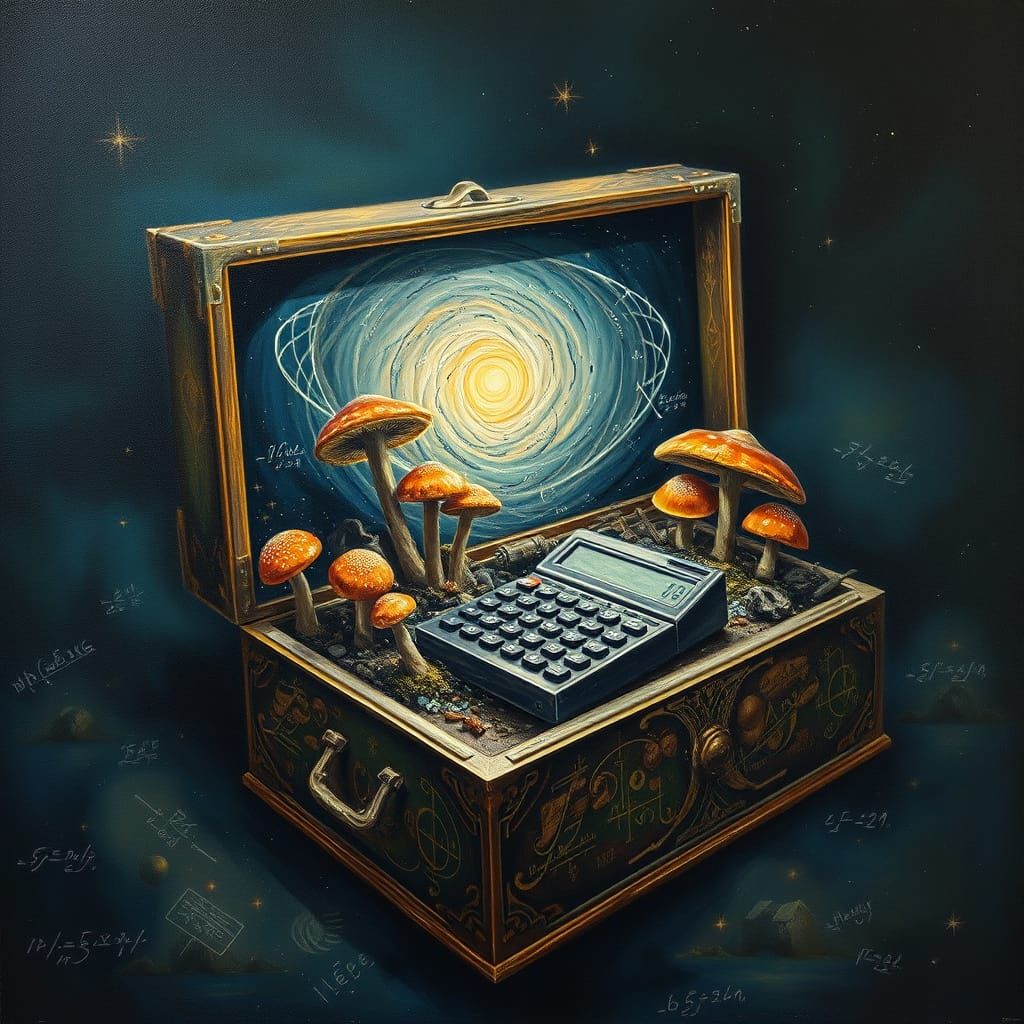 Surrealistic Oil Painting of Cosmic Assemblage Box