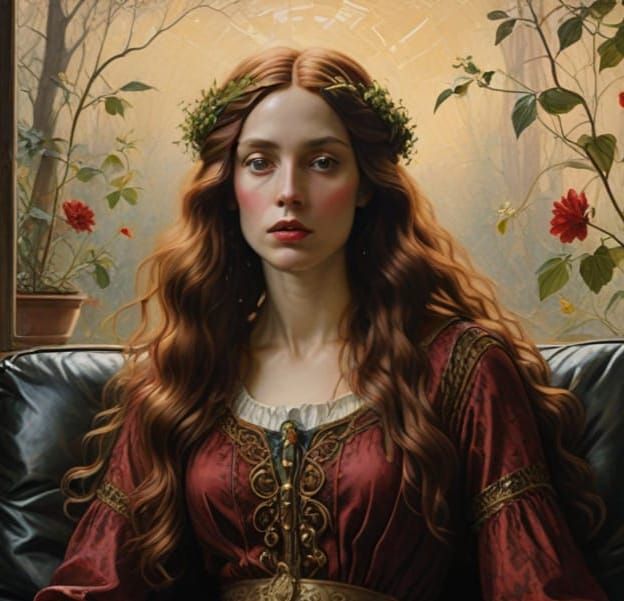 Mary Magdalen in Leather Chair, Wearing Fishnet Stockings