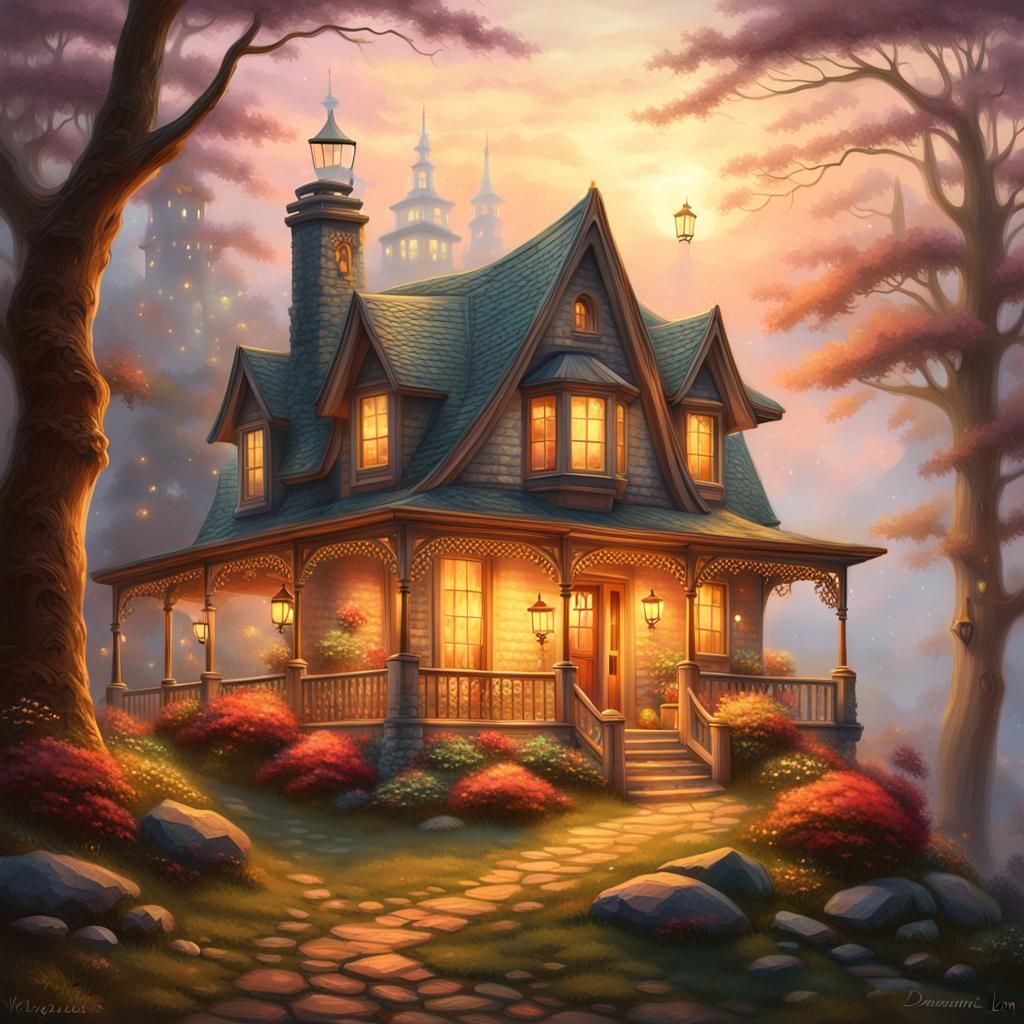 Lantern House on Misty Hill at Dusk