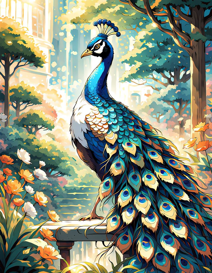 Anime Peacock Displays Tail in Sunlit Ghibli Garden
