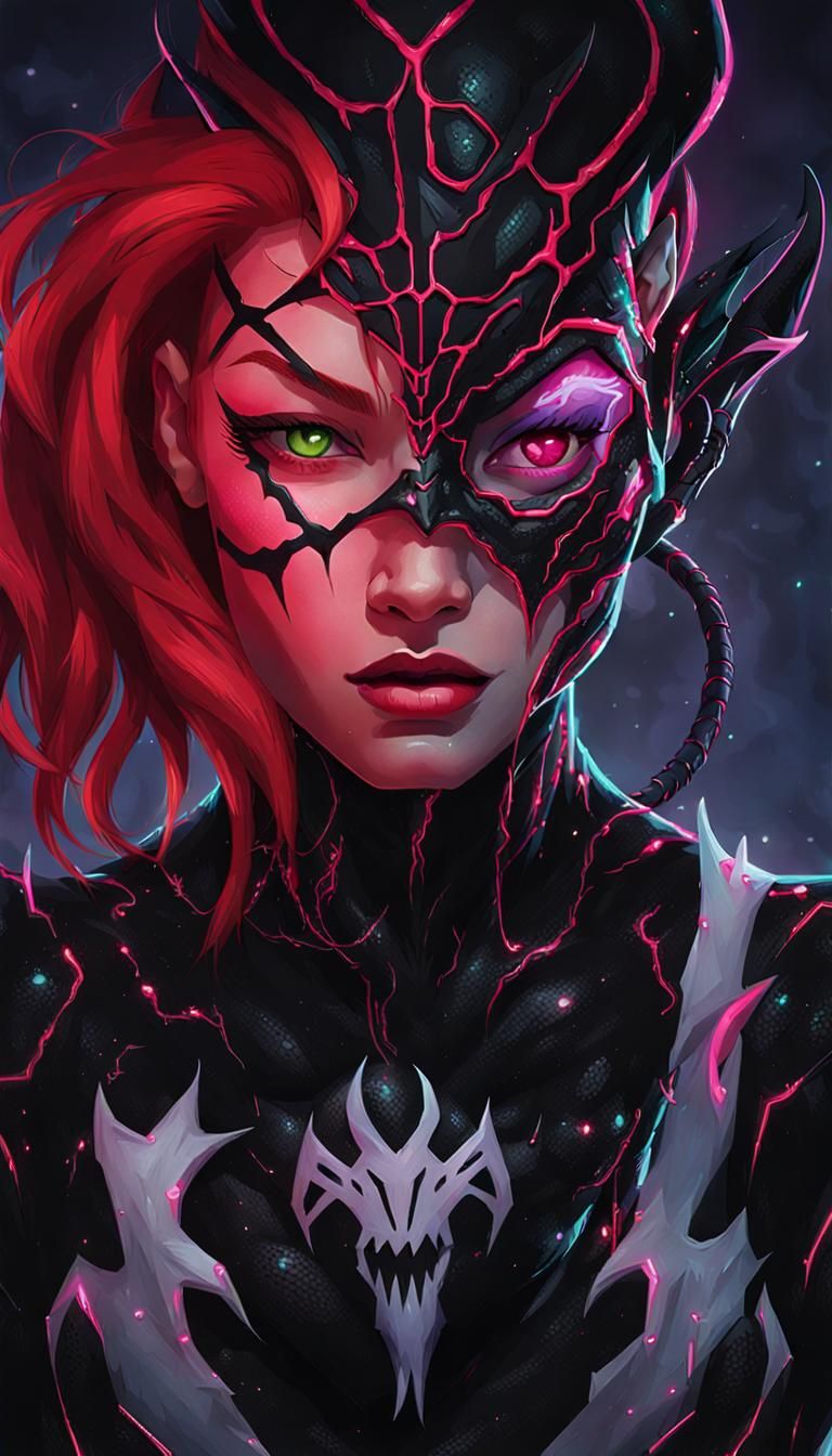 Elf Woman Portrait with Neon Pink Venom Symbiote
