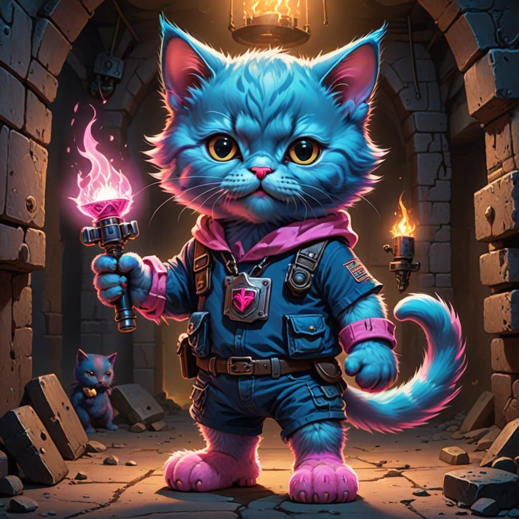 Giant Blue Kitten Adventurer in Dungeon