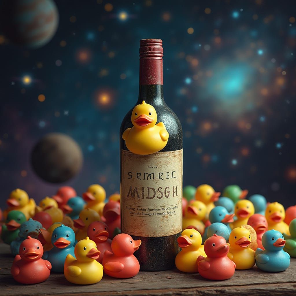 Duck in Wine Bottle in Retro-Futuristic Style