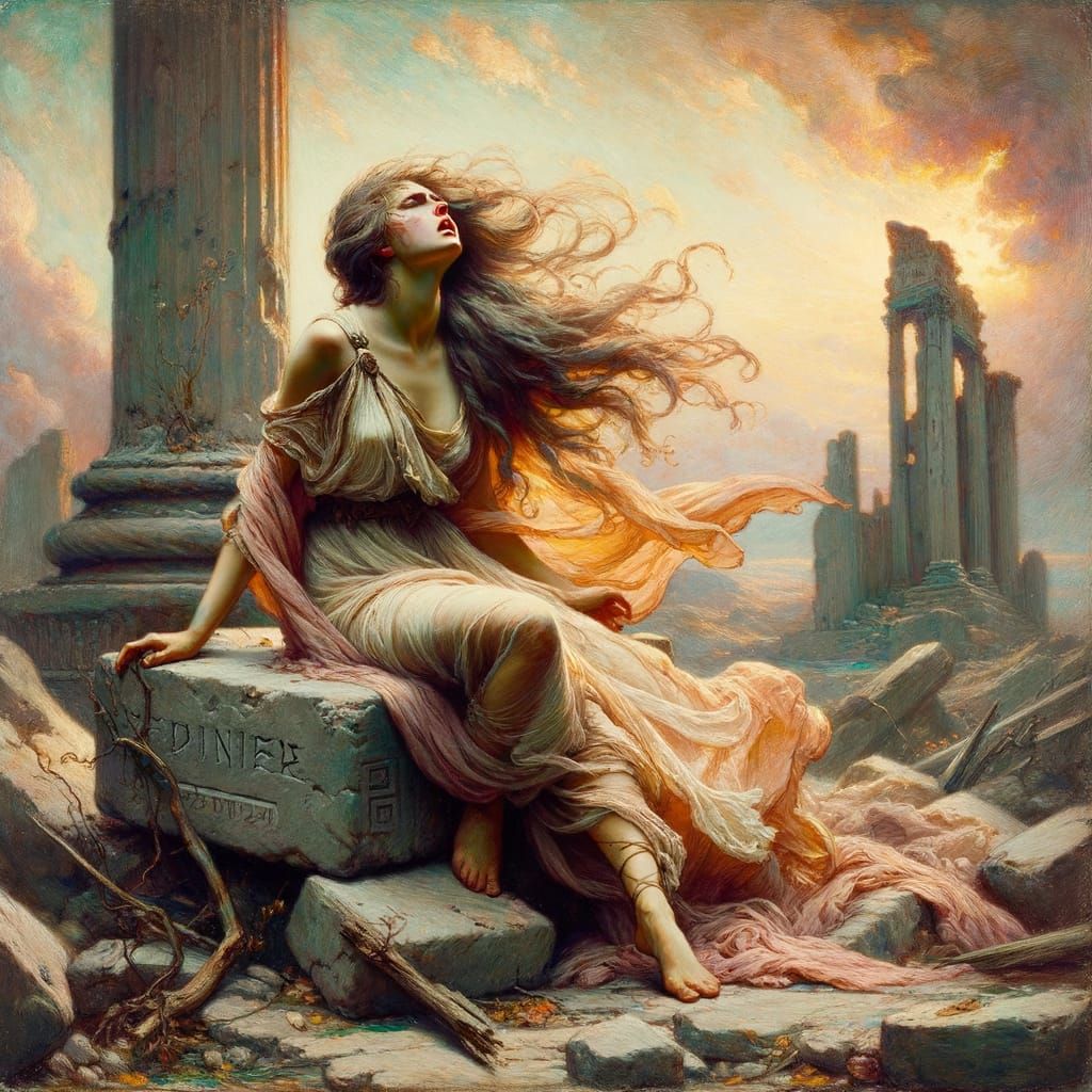 Goddess Weeping in Ruins: A Romantic Oil Painting