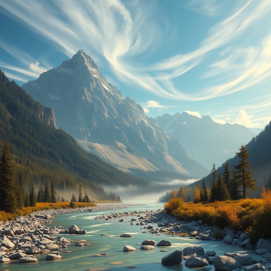 Romanticized Mountain Landscape with River