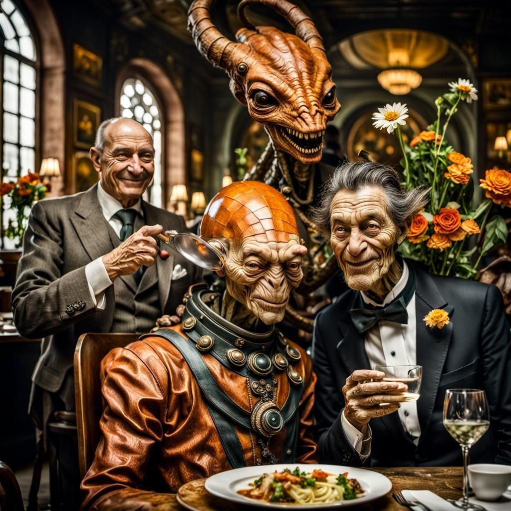 Smiling Aliens Celebrate in Surreal Restaurant
