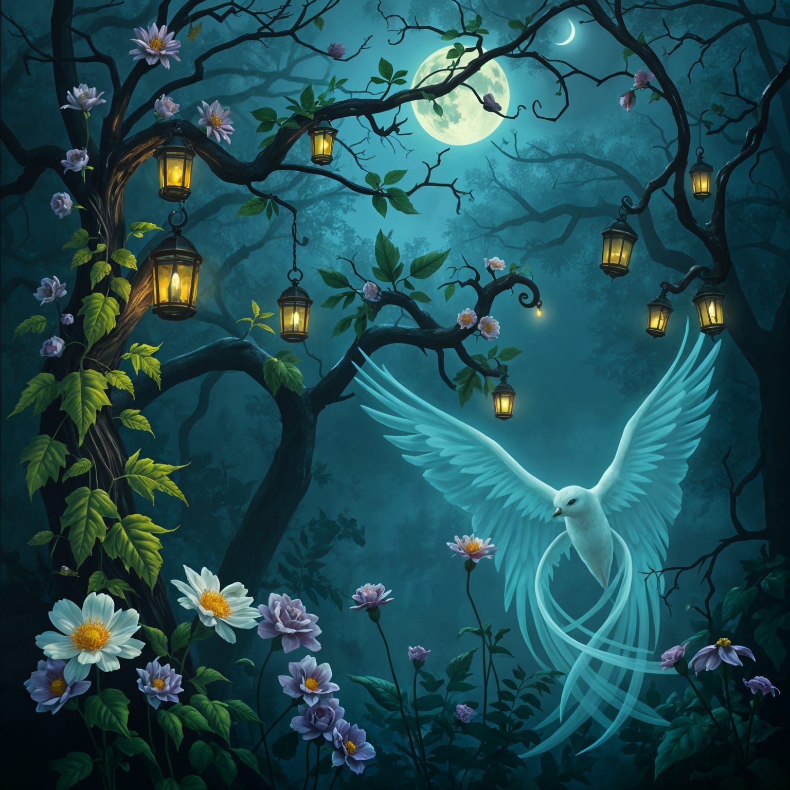 Mystical Guardians Amidst Twinkling Vines and Night Blooms